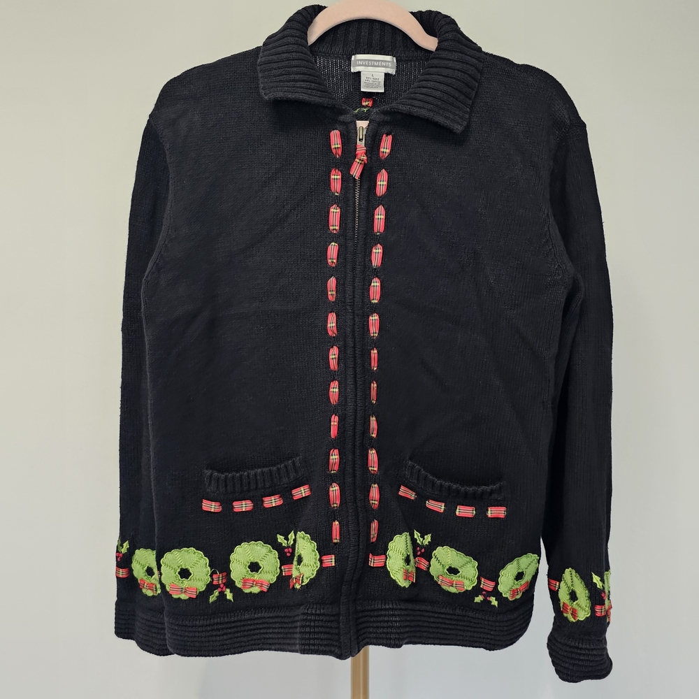 Investments Black Cardigan with Green and Red‎ Accents
